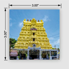 Smaran Rameshwaram Jyotirlinga Wooden Fridge Magnet | Golden Gopuram Temple Illustration | 3x3 Inch Spiritual Refrigerator Decor for Home Kitchen & Gift