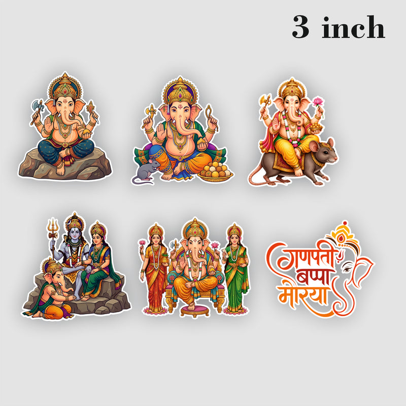 Todfod Ganesha Fridge Magnet Set of 6 | 3 Inch Colorful Cartoon Style MDF Wood Hindu Deity Religious Souvenir