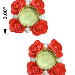 Decorative item with red roses and a green center, shown with measurements on a white background.
