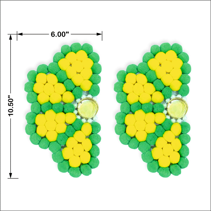 Pair of green and yellow beaded earrings with measurements on a white background