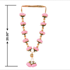 Decorative pink floral necklace with measurements on a white background