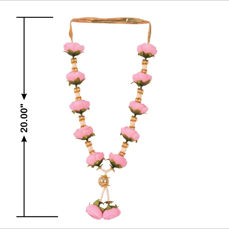 Decorative pink floral necklace with measurements on a white background