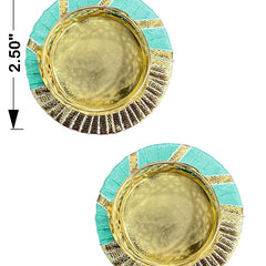 Two round green and gold coasters with dimensions indicated on a white background