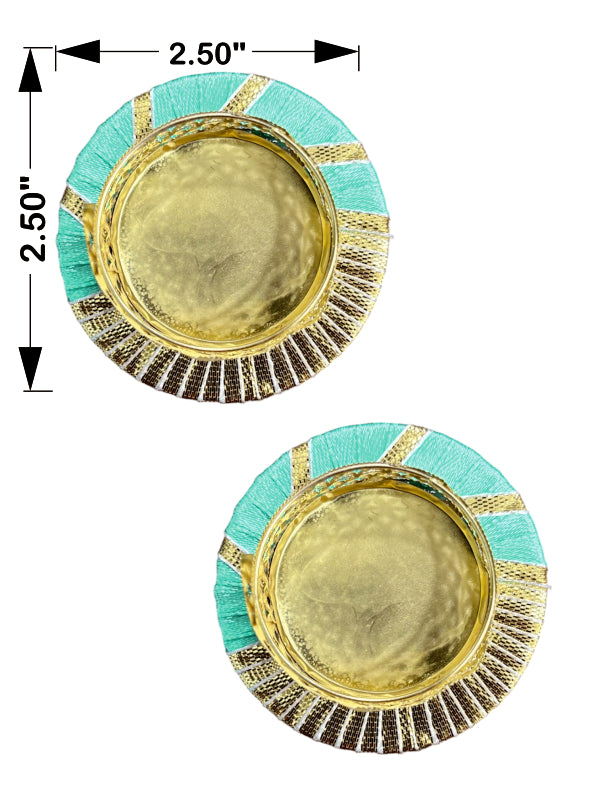 Two round green and gold coasters with dimensions indicated on a white background