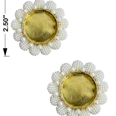 Pair of earrings with pearl-like beads and gold center, shown with measurements on a white background.