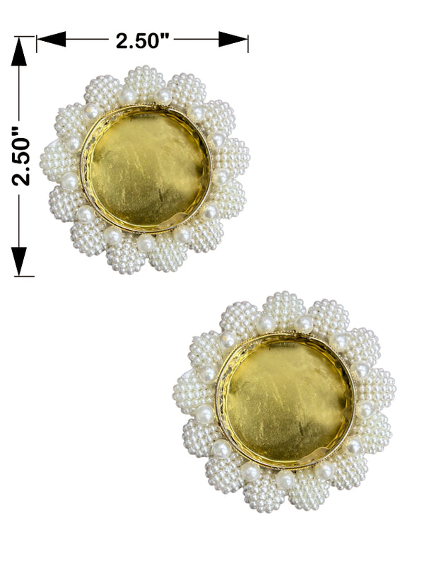 Pair of earrings with pearl-like beads and gold center, shown with measurements on a white background.