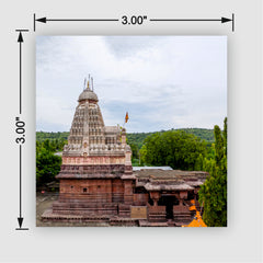 Smaran Grishneshwar Jyotirlinga Wooden Fridge Magnet | Ancient Red Temple & Hills Illustration | 3x3 Inch Spiritual Refrigerator Decor for Home Kitchen & Gift