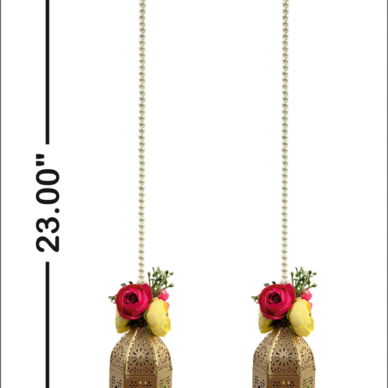Two decorative lanterns with floral arrangements on a white background, showing measurements.