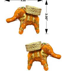 Decorative elephant figurines with gold baskets, shown with measurements on a white background.