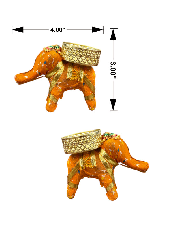 Decorative elephant figurines with gold baskets, shown with measurements on a white background.