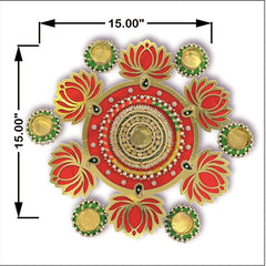 Decorative wall art with red, gold, and green colors, featuring measurements on a white background.