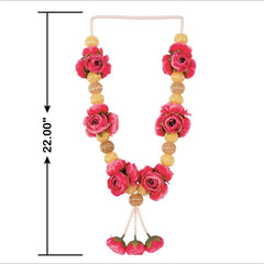Decorative hanging with pink flowers and gold beads, shown with a measurement label.