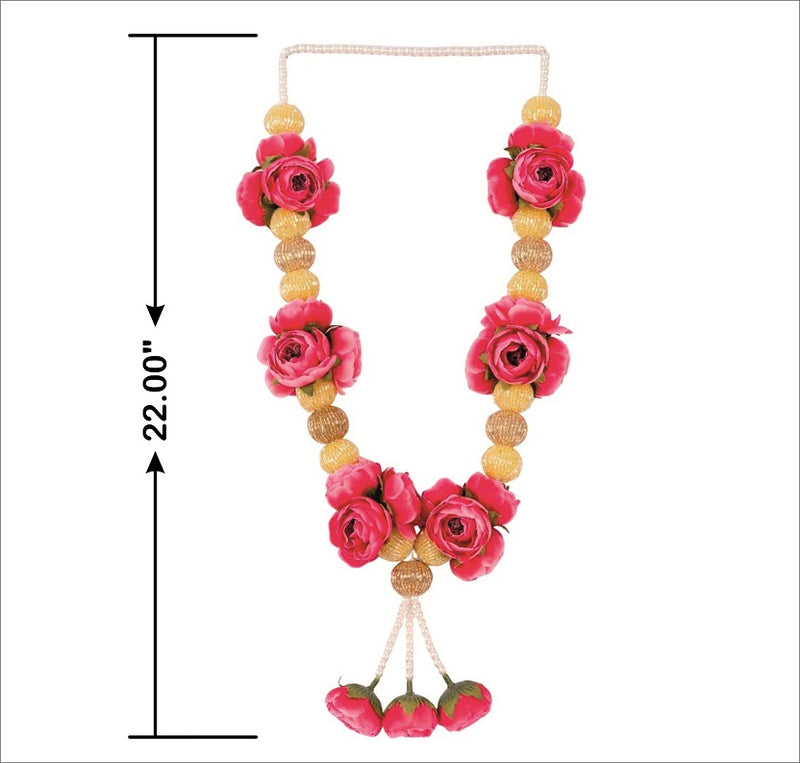 Decorative hanging with pink flowers and gold beads, shown with a measurement label.