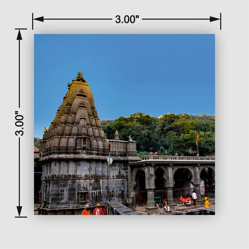 Smaran Bhimashankar Jyotirlinga Wooden Fridge Magnet | Ancient Temple Illustration | 3x3 Inch Spiritual Refrigerator Decor for Home Kitchen & Gift