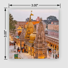 Smaran Kashi Vishwanath Jyotirlinga Wooden Fridge Magnet | Golden Temple & Courtyard Illustration | 3x3 Inch Spiritual Refrigerator Decor for Home Kitchen & Gift