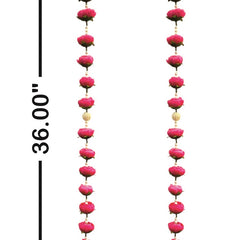 Long pink beaded earrings with gold accents and a measurement label on a white background