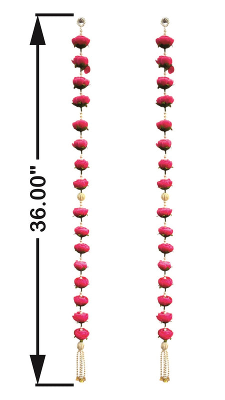 Long pink beaded earrings with gold accents and a measurement label on a white background
