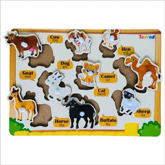 Wooden puzzle with animal figures and labels on a white background