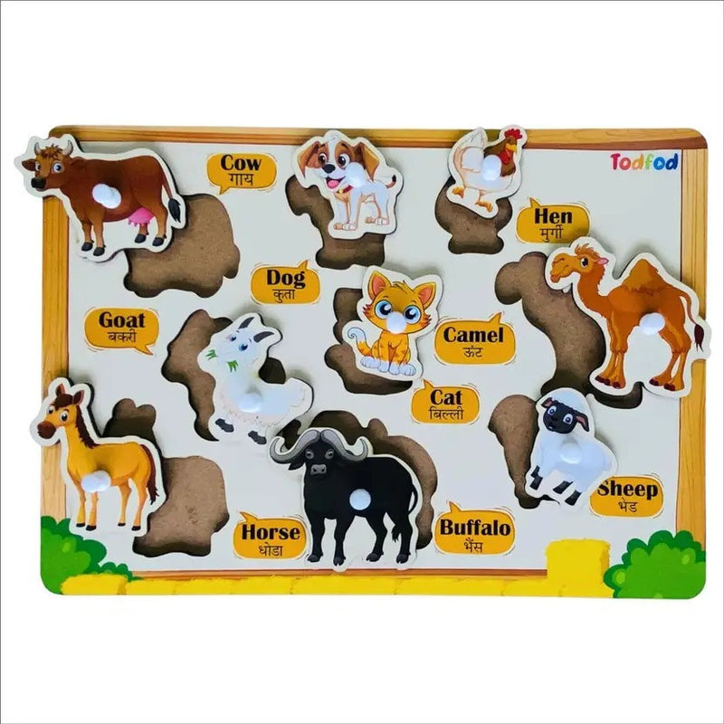 Wooden puzzle with animal figures and labels on a white background