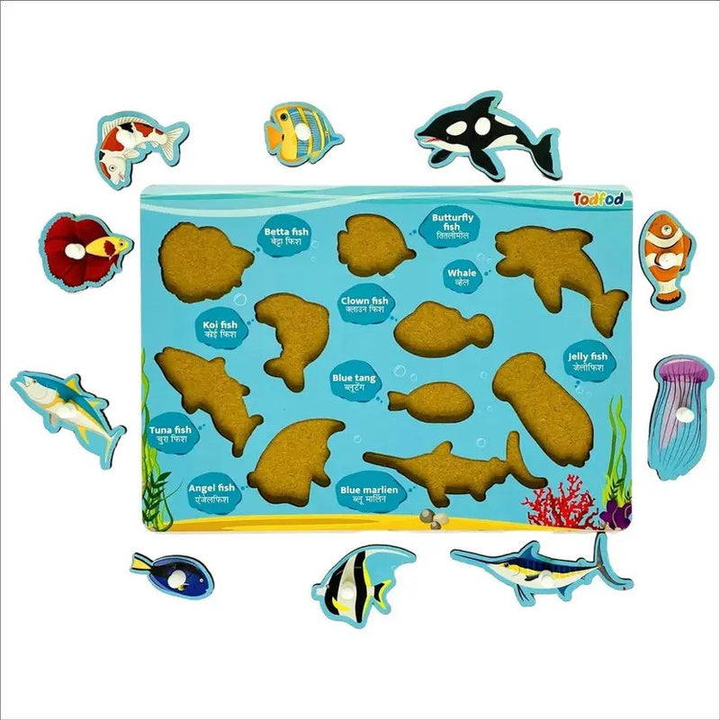 Set of ocean-themed magnetic toys with packaging on a white background