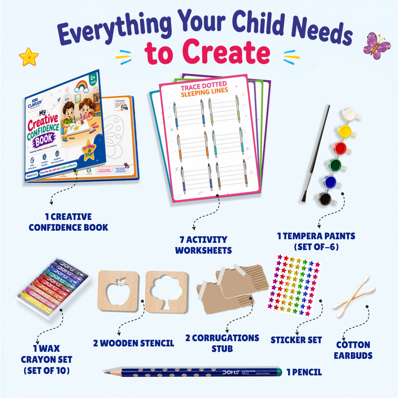 Scribble to Star Creative Activity Kit for Kids Age 2+ | 21-Day Drawing, Tracing & Coloring Book with 7 Activity Worksheets | Crayons, Tempera Paints, Pencil, Stencils, Stickers & Craft Supplies | Preschool Learning Kit