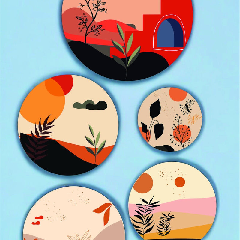 Todfod Abstract Nature Wall Decor Set of 5 | Multi-Size Circular MDF Wood Plaques with Sun, Plants & Butterflies