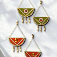 Set of four decorative pendants with green, red, and gold colors on a light gray background.