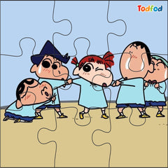 Cartoon characters from Crayon Shinchan in a puzzle format with 'Todfod' branding.