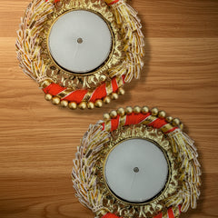 Smaran Red Gota Patti Lace Tealight Holder Set of 2 |Handmade Decorative Candle Holder Pair with Traditional Gota Patti Embellishments for Diwali, Navratri, Weddings, Pooja Room