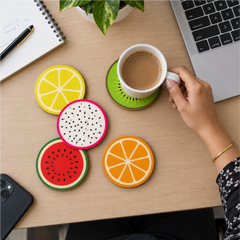 TodFod Fruit Design Wooden Drink Coasters, Set of 6 (4 Inch) – Colorful Coasters for Tea, Coffee, Cups & Glasses