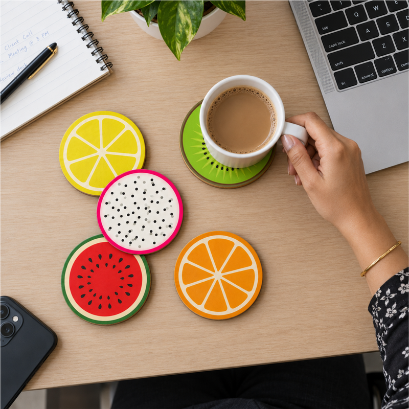 TodFod Fruit Design Wooden Drink Coasters, Set of 6 (4 Inch) – Colorful Coasters for Tea, Coffee, Cups & Glasses