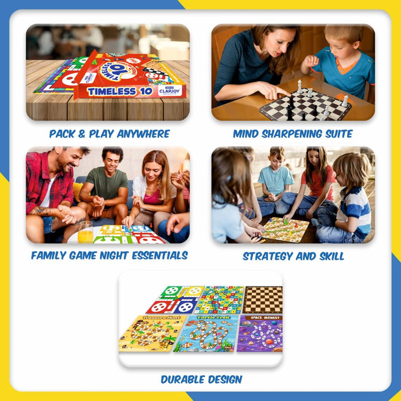 10 in 1 Board Game for Kids & Family | Ludo, Chess, Snakes & Ladders, Backgammon, Solitaire, Treasure Hunt & More | 2-4 Players | Age 4+ | With Rainbow Card Game