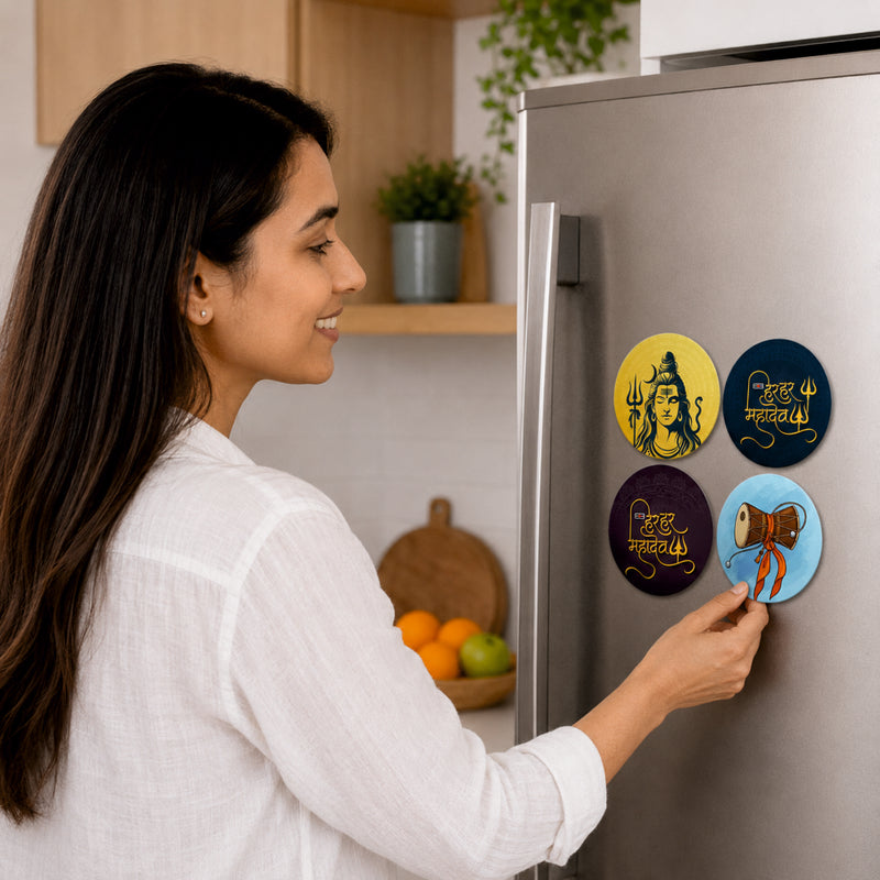 Todfod Mahadev Fridge Magnet Set of 4 | 3 Inch Lord Shiva Trishul, Damaru & Golden Shiv Mantra Circular MDF Wood Magnets