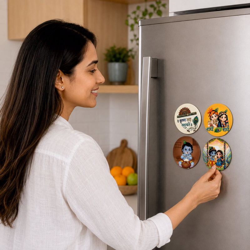 Todfod Krishna Fridge Magnet Set of 4 | 3 Inch Radha Krishna Jhula & Janmashtami Circular MDF Wood Magnets