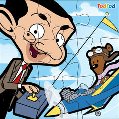 Cartoon character in a suit controlling a toy airplane with a bear pilot, against a blue sky background.