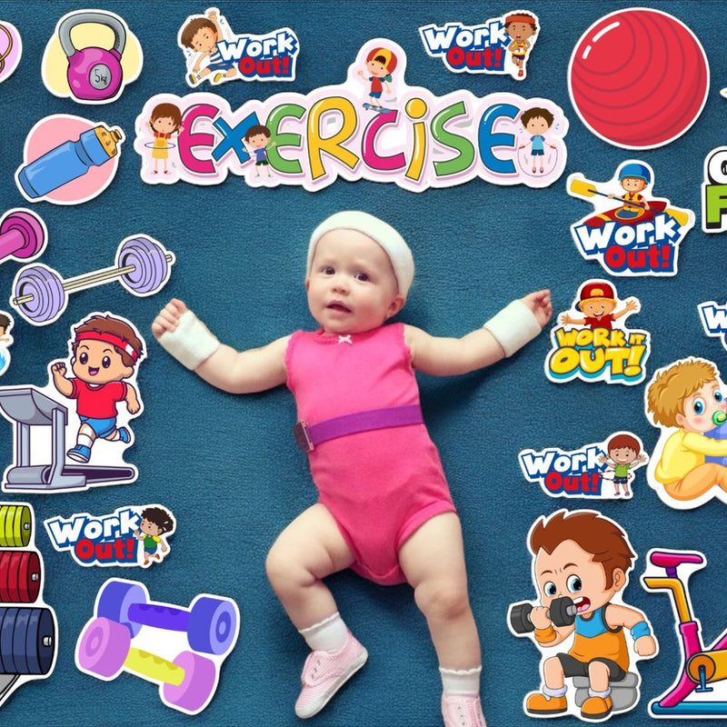 Baby in pink exercise outfit surrounded by fitness-themed stickers and graphics on a blue background