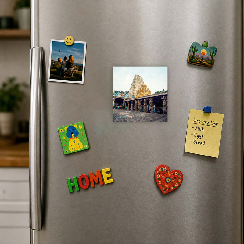 Smaran Mallikarjuna Jyotirlinga Wooden Fridge Magnet | South Indian Temple Gopuram Illustration | 3x3 Inch Spiritual Refrigerator Decor for Home Kitchen & Gift
