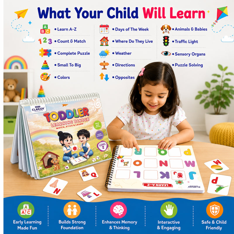 Toddler Learning Binder Level 2 for Kids 2-5 Years | Reusable Velcro Activity Book | Educational Montessori Learning Binder | Alphabet, Counting, Colors, Animals, Weather, Puzzles & More