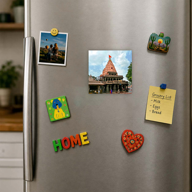 Smaran Mahakaleshwar Jyotirlinga Wooden Fridge Magnet | Pink Tower Temple Illustration | 3x3 Inch Spiritual Refrigerator Decor for Home Kitchen & Gift