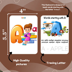 Flashcard design with letter 'A' and educational content on a brown background