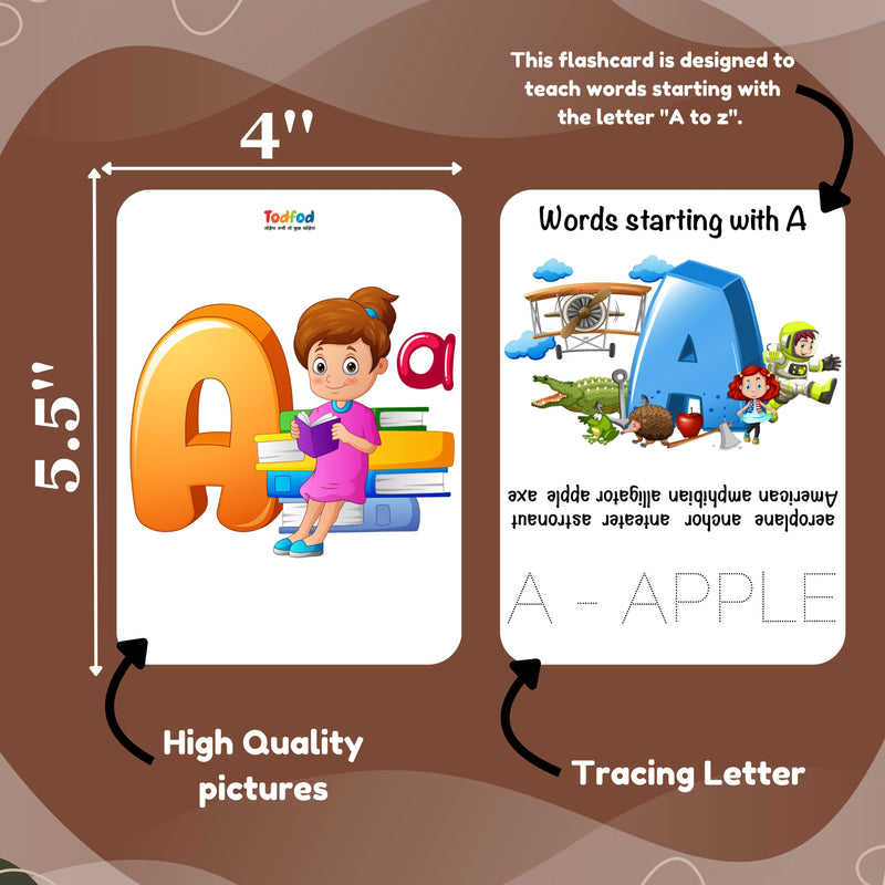 Flashcard design with letter 'A' and educational content on a brown background