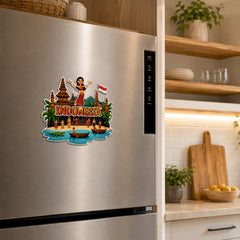 Smaran Indonesia Wooden Fridge Magnet | Traditional Stupa & Island Culture Illustration | 3x3 Inch Refrigerator Decor for Home Kitchen & Gift