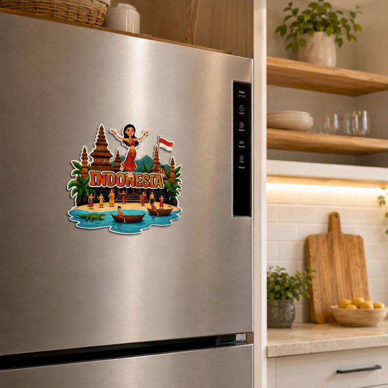Smaran Indonesia Wooden Fridge Magnet | Traditional Stupa & Island Culture Illustration | 3x3 Inch Refrigerator Decor for Home Kitchen & Gift