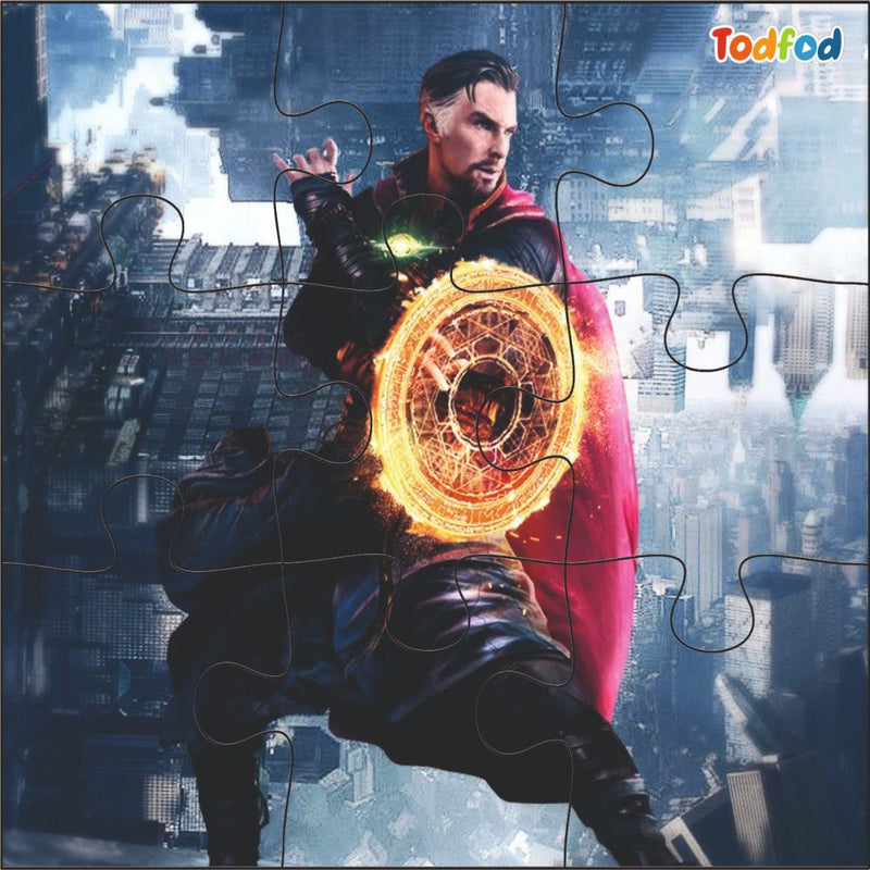Superhero character with a glowing circular energy weapon against a cityscape background, featuring the brand 'Todfod'.