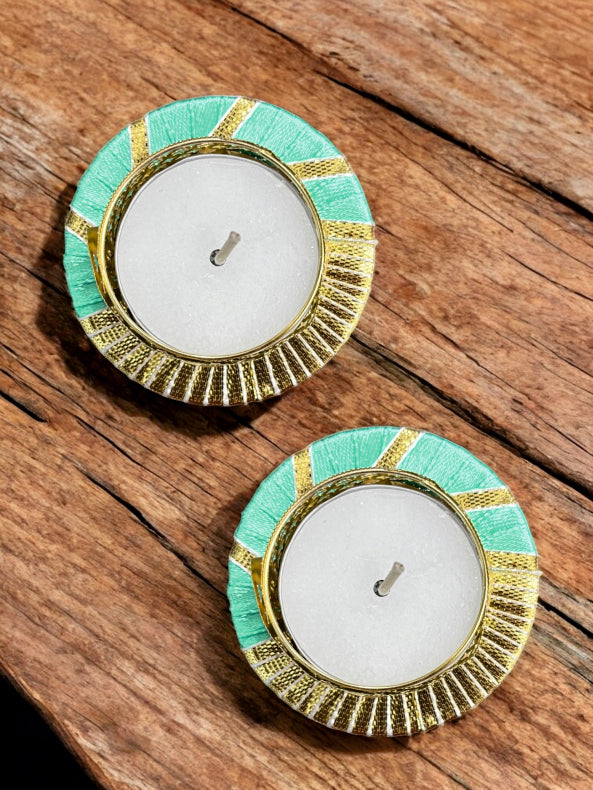 Smaran Handmade Elegant Candle Holder Set of 2 for Festivals, Weddings, Pooja Room & Home Decor, Traditional Indian Decorative Tealight Candle Set (Golden Ring Lace Tealight Holder)