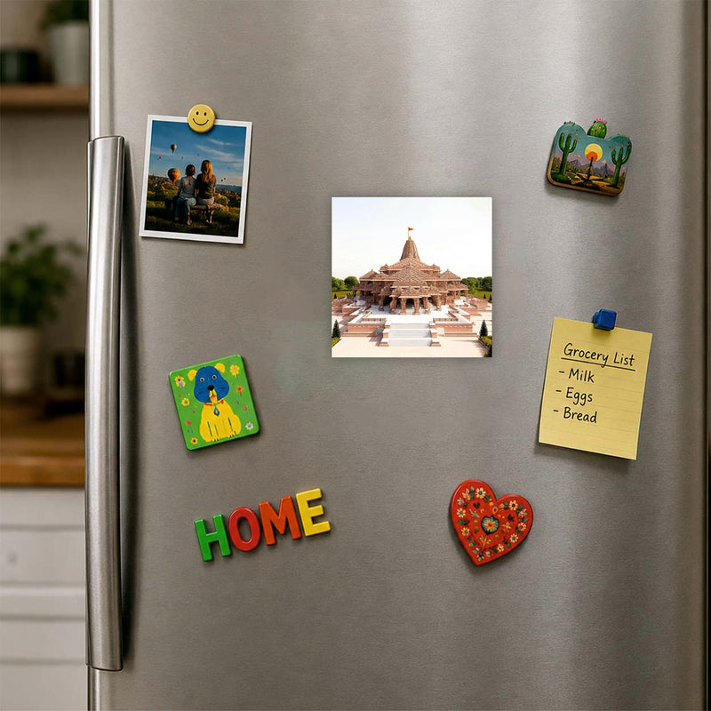 Ram Mandir Ayodhya Fridge Magnet | 3x3 Inch Red Brick Temple MDF Wood Souvenir & Decor