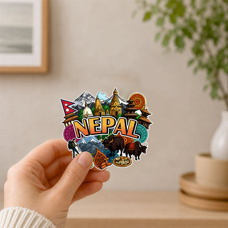 Smaran Nepal Wooden Fridge Magnet | Himalaya Temple & Yak Illustration | 3x3 Inch Refrigerator Decor for Home Kitchen & Gift