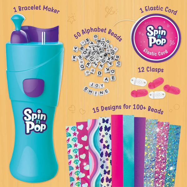 Imagimake Spin n Pop DIY Bracelet Making Kit| Patented Electric Bracelet Maker for Kids 8|12| Create 10 Unique Bracelets with Shiny Foil Beads, Alphabet Beads & Clasps|for Girls & Teens, Blue & Green
