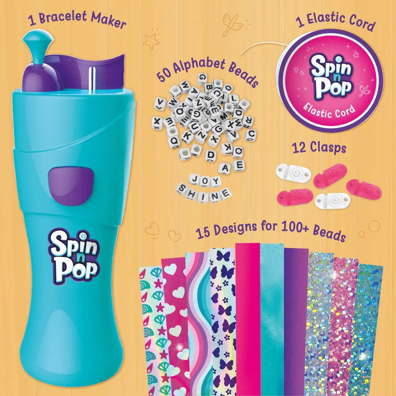 Imagimake Spin n Pop DIY Bracelet Making Kit| Patented Electric Bracelet Maker for Kids 8|12| Create 10 Unique Bracelets with Shiny Foil Beads, Alphabet Beads & Clasps|for Girls & Teens, Blue & Green
