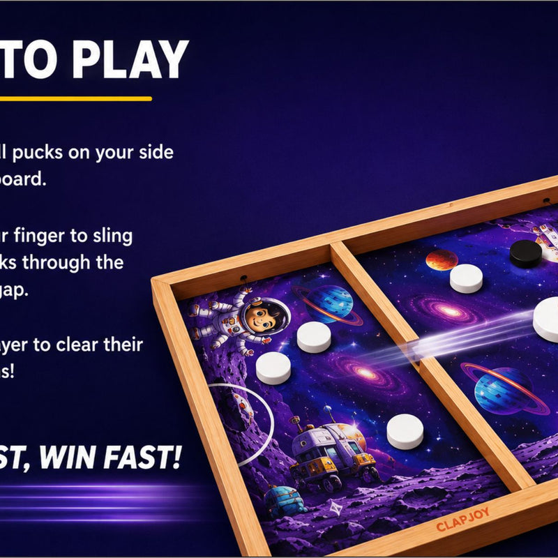 Space Slingo Rapid Action Wooden Puck Game for Kids & Family | Fast Track Sling Puck Board Game | Portable Travel-Friendly Interactive Board Game (Ages 5+)